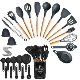 4 Colors Options -- Set Of 35Pcs Kitchen Cooking Utensils Set Spatula Set Baking Utensil Set Kitchen Accessories Necessities With Holder Egg Whis (Color: Black)