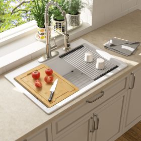 Drop In Quartz Workstation Kitchen Sink Top mount Single Bowl Granite Composite Sink with Roll-up Drying Rack, Cutting Board, Bottom Grid and Str (Color: White, size: 33in.*22in.*9.65in.)