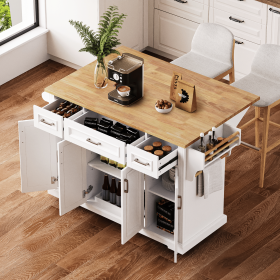 54 inch Large Kitchen Island with Rubber Wood Drop Leaf, Embossed Texture Rolling Kitchen Cart on 4 Wheels with 4 Doors and 3 Drawers (Material: MDF,Rubber Wood, Color: White)