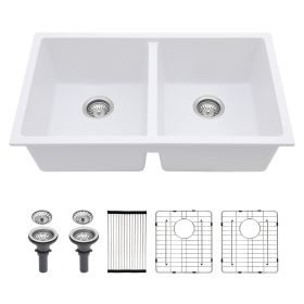 33-inch Undermount Quartz Kitchen Sink Dual Bowl Kitchen Sink Granite Composite Sink with Black or White (Color: White)