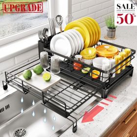 Expandable Dish Drying Rack, Large Dish Rack for Kitchen Counter, Stainless Steel Dish Drainer with Drainboard (Main Material: Metal, Main Color: Black)