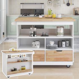 Rolling Kitchen Island with Storage, Two-sided Kitchen island Cart on Wheels with RubberWood Top,Wine and Spice Rack (Material: Solid Wood, Color: White)